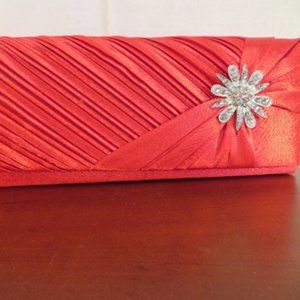 Red Satin Pleated CLUTCH with Rhinestone Star (214J)